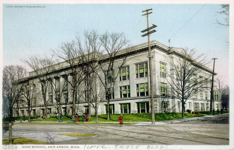 Color illustrated postcard of the white stone building for the Ann Arbor High School