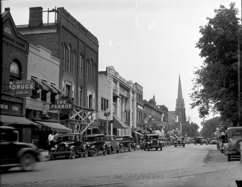 Looking north on State Street near William, with The Parrot Café on the left