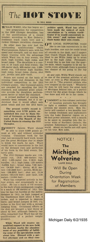 Clipping of the "Hot Stove" Column from the Michigan Daily about Ward beginning training for decathlon