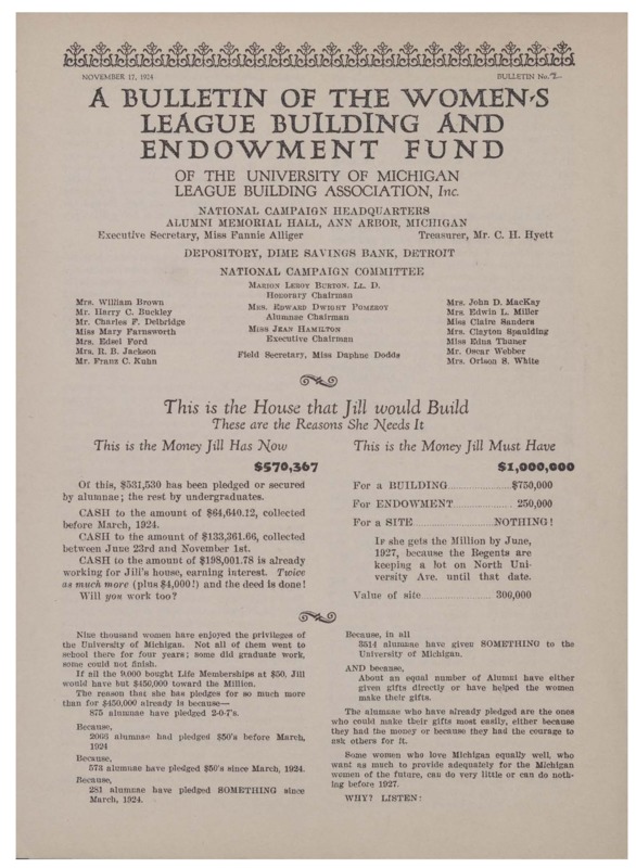 Pamphlet describing League as "The House that Jill would Build" and urging alumnae to donate. Explains it's needed because female students lack space for meeting and socializing.  