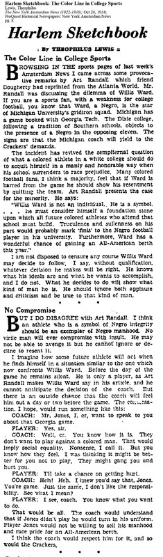 Clipping - Amsterdam New 10/20/1934, Harlem Sketchbook column by Theophilus Lewis on Willis Ward, responding to Art Randall