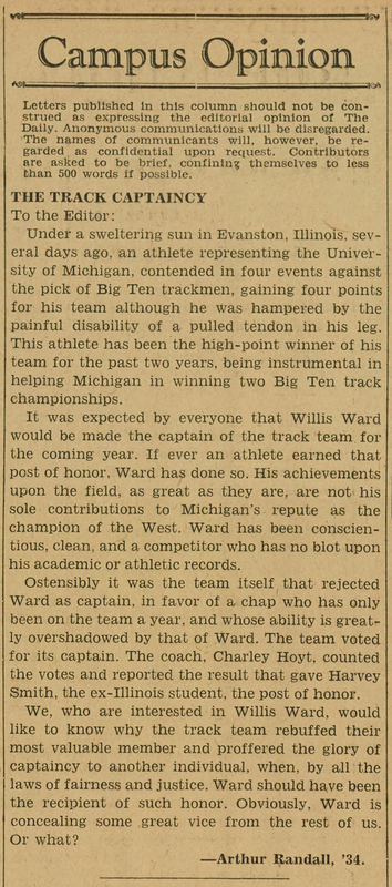 A “Campus Opinion” article reacting to Ward being passed over for 1935 Track captain