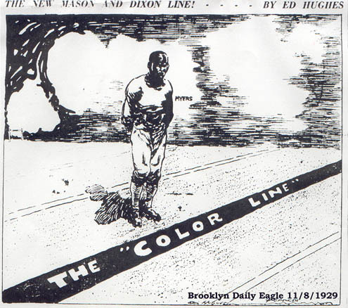 Political cartoon of a Black football player on a field with "The 'Color Line'" written on one of the field lines. 