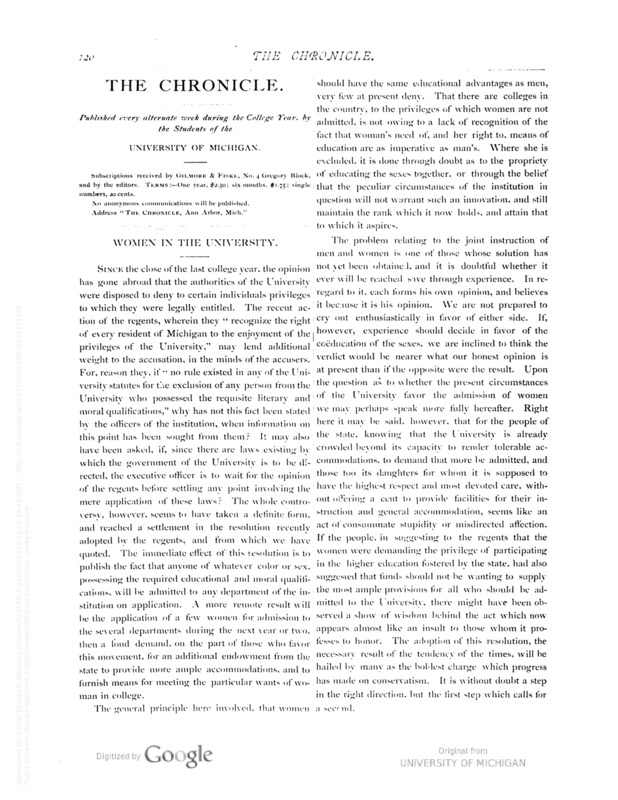 Page 120 of The Chronicle, Vol. 1, No. VIII, featuring an article titled "Women in the University".