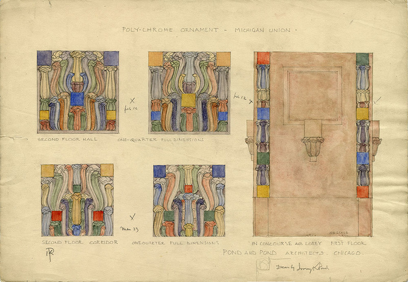Five wall decorations with leaves and small cubes; similar designs in different shades of blue, yellow, green, violet, and red. Signed Irving K. Pond.