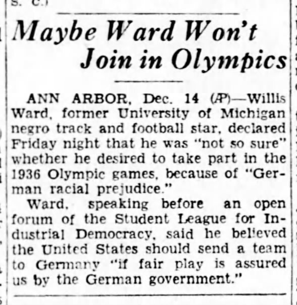An article Clipping with the headline"Ward questions going to Olympics" from the Lansing State Journal