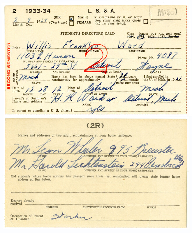 Willis Ward's University of Michigan College of Literature, Science and the Arts junior registration cards