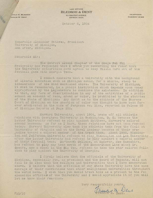 Letter from Francis Dent on behalf of Detroit Alumni Chapter of Omega Psi Phi to Pres. Alexander Ruthven, 10/2/1904 regarding Willis Ward
