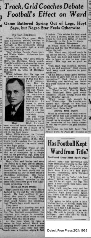 Clipping from the Detroit Free Press in which Coach Hoyt discusses how football affected Willis Wards track performance
