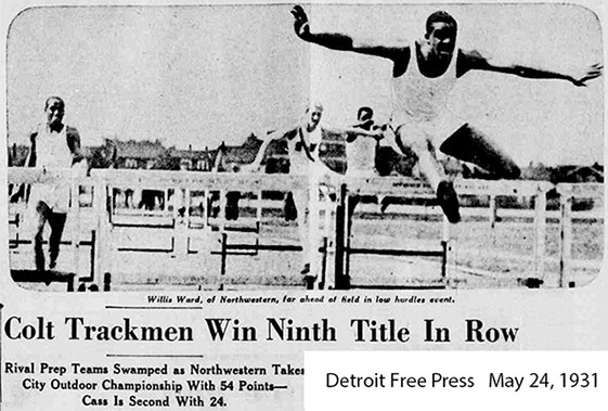 Newspaper Clipping of a photo of Willis Ward competing in the Hurdles, 1931 Detroit city championship