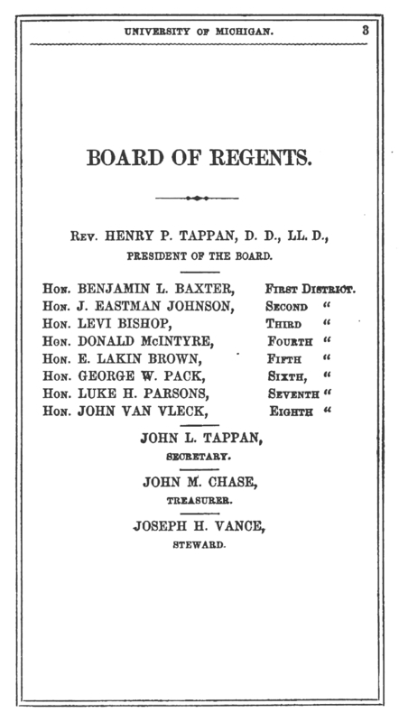 Listing of the Board of Regents from University of Michigan 1858 Catalog
