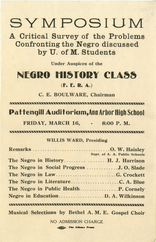 Flyer for the Negro History Class Symposium held at Ann Arbor High School