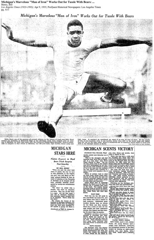Clipping with photograph of Ward jumping over a hurdle, "Michigan's Marvelous 'Man of Iron' Works Out for Tussle with Bears" from prior to 1935 California Track meet