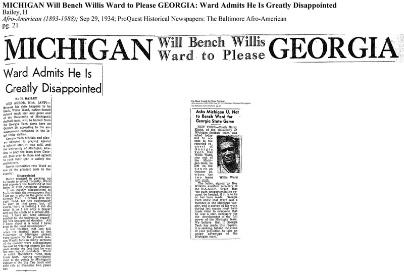 Newspaper article from the Baltimore Afro American on Michigan agreeing to hold Ward out of Georgia Tech game.