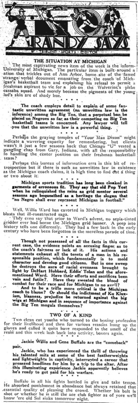 A short description in the "Randy Says" sports column about “The Situation at Michigan” for Black athletes under Athletic Director Fielding Yost, Philadelphia Tribune