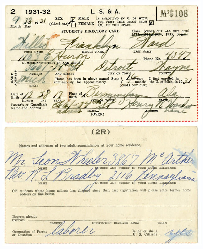 Willis Ward's University of Michigan College of Literature, Science and the Arts freshman registration cards