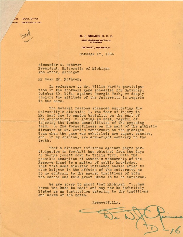 Letter from D.J. Grime (D.D.S. '16) to Alexander Ruthven, 10/17/1934  protesting benching of Willis Ward