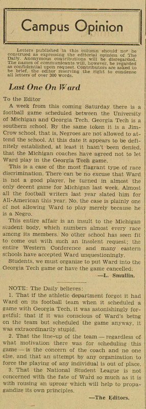 Clipping "Last one on Ward" Letter to the Editor, michigan Daily, 1934-10-10