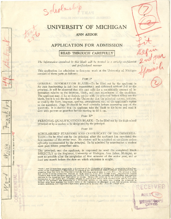 Willis Ward's application to the University of Michigan