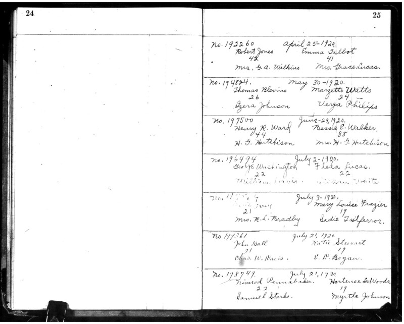 Record of the Marriage of Henry Ward and Bessie Walker in the Second Baptist Church marriage register