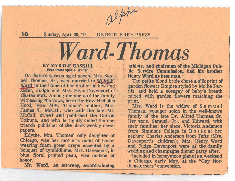 Newspaper clipping of the announcement of the wedding of Judge Willis Ward and Margaret McCall Thomas