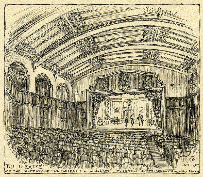 Drawing. View from back of theater. Seats are empty but four actors converse in pairs on stage framed by ornate wall decorations.