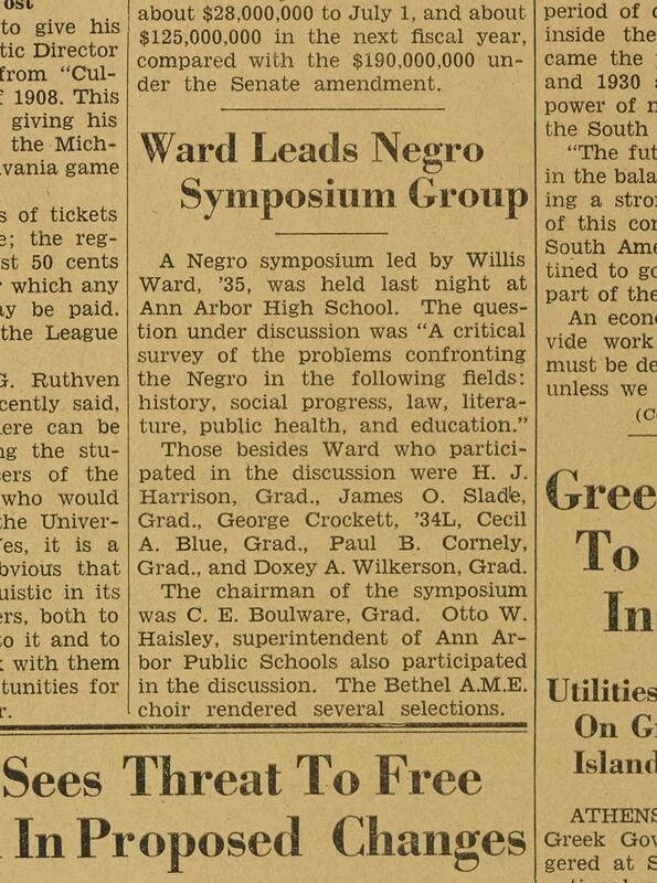 News clipping about the Symposium held at Ann Arbor High School