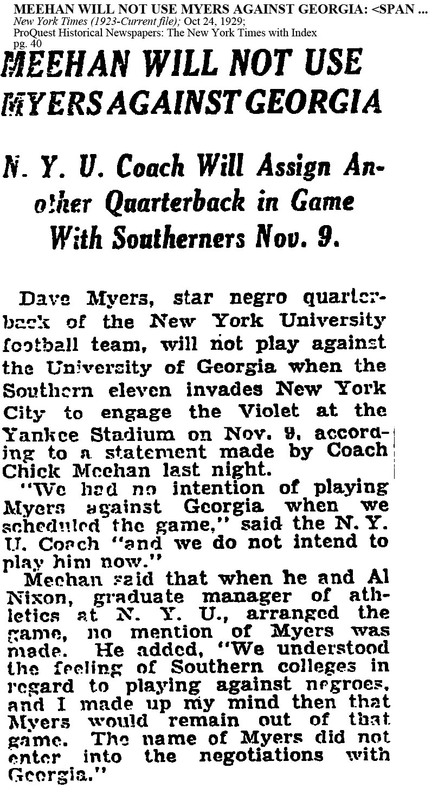 Clipping of the New York Times Article "Meehan will not use Myers against Georgia"