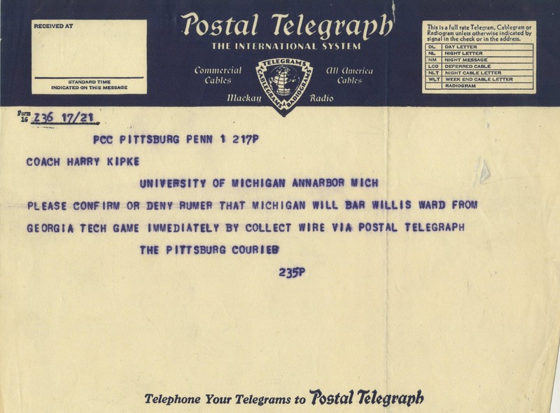 Telegram from Pittsburgh Courier to UM football coach Harry Kipke regarding benching of Willis Ward