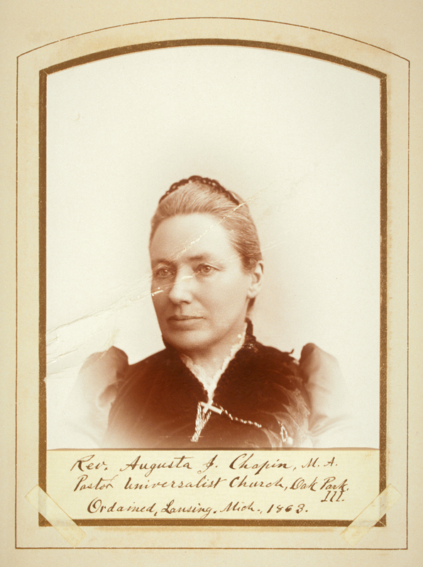 Photograph portrait of Augusta Jane Chapin set in a photo album page with a handwritten label underneath. 