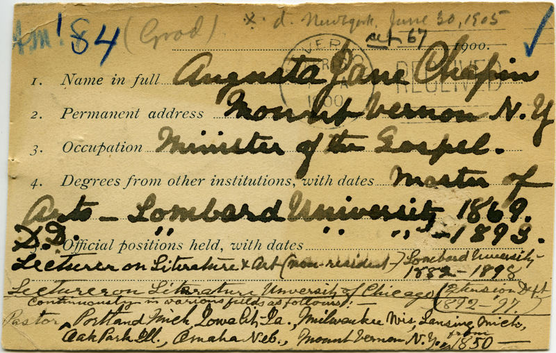Alumni Catalog information postcard filled out by Augusta Jane Chapin. 
