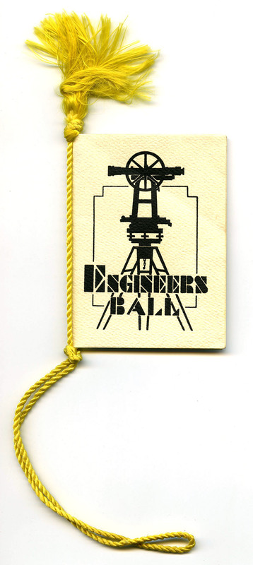 Cream cover printed with surveying instrument and words "ENGINEERS BALL" in black. Gold cord and tassel. 