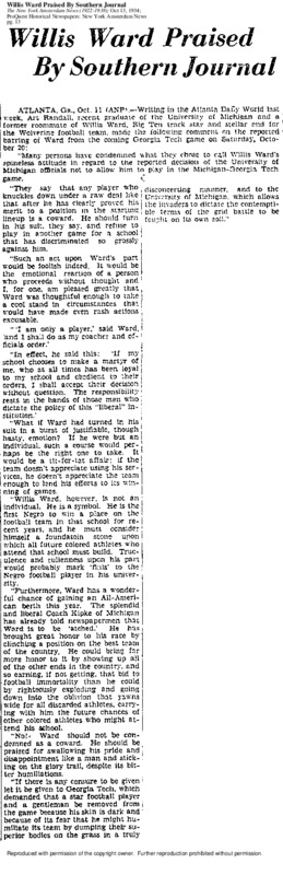 Reprint of Atlanta Daily World article of 10/11/1934  by Art Randall defending Willis Ward
