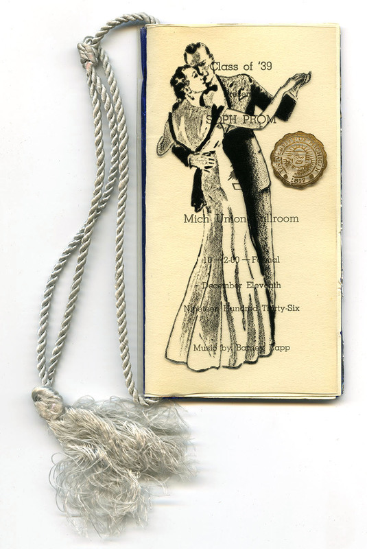 Cream cover printed with illustration of man and woman dancing in black and University seal in gold. Silver cord and tassel.