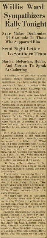 Clipping from the Michigan Daily in advance of the rally to support Willis Ward