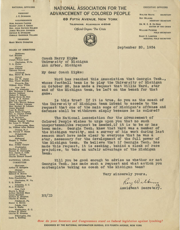 Letter from Roy Wilkins on to Coach Harry Kipke regarding the Georgia Tech game
