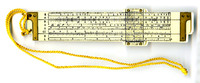 Cream cover shaped and printed in black and gold to look like a slide rule. Gold cord. 