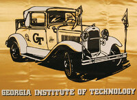 An illustration of a 1930 Ford Model A Car with Georgia tech logos and  flags on a yellow fabric banner. Title reads Georgia Institute of Technology below car. 