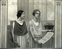 Two women in Ancient Greek dress, both holding scrolls. One is unrolling her scroll.